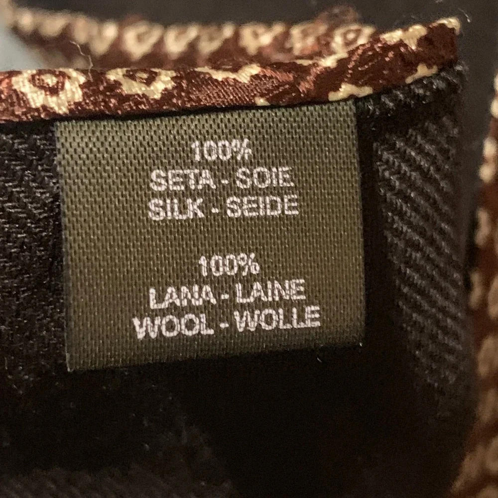 Scarf Mens Silk Wool Double Sided Brown Geometric Medallion Italy Quiet Luxury